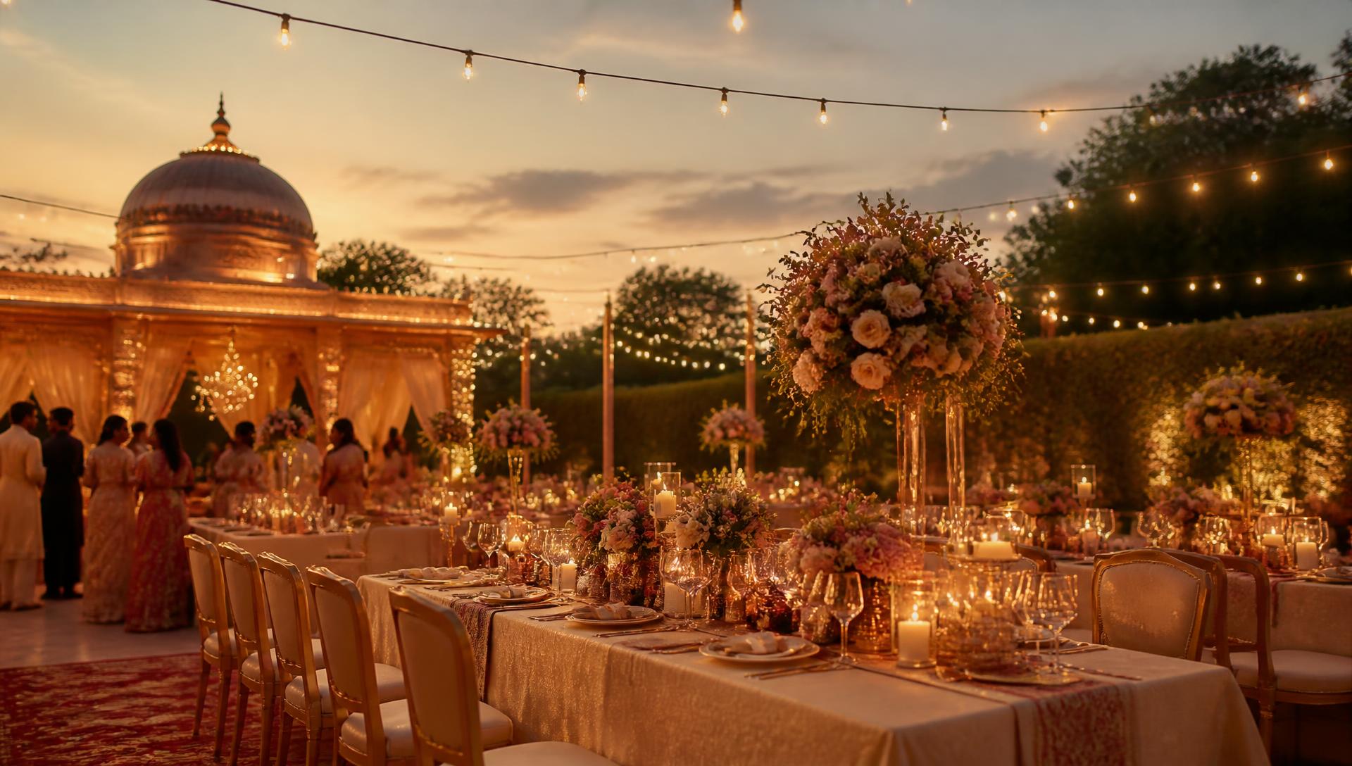 Outdoor wedding dinner setup at golden hour