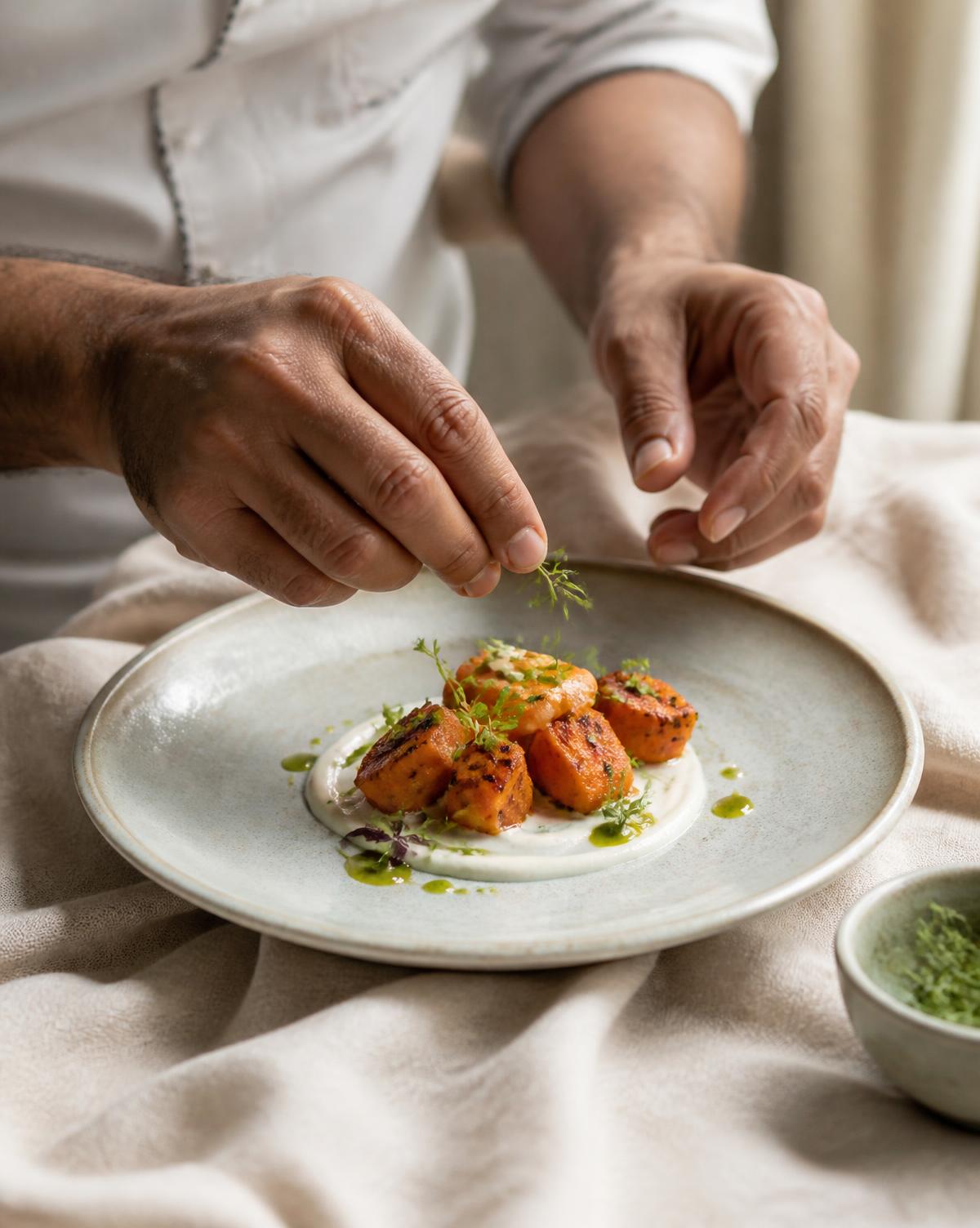 Chef plating a refined Indian dish