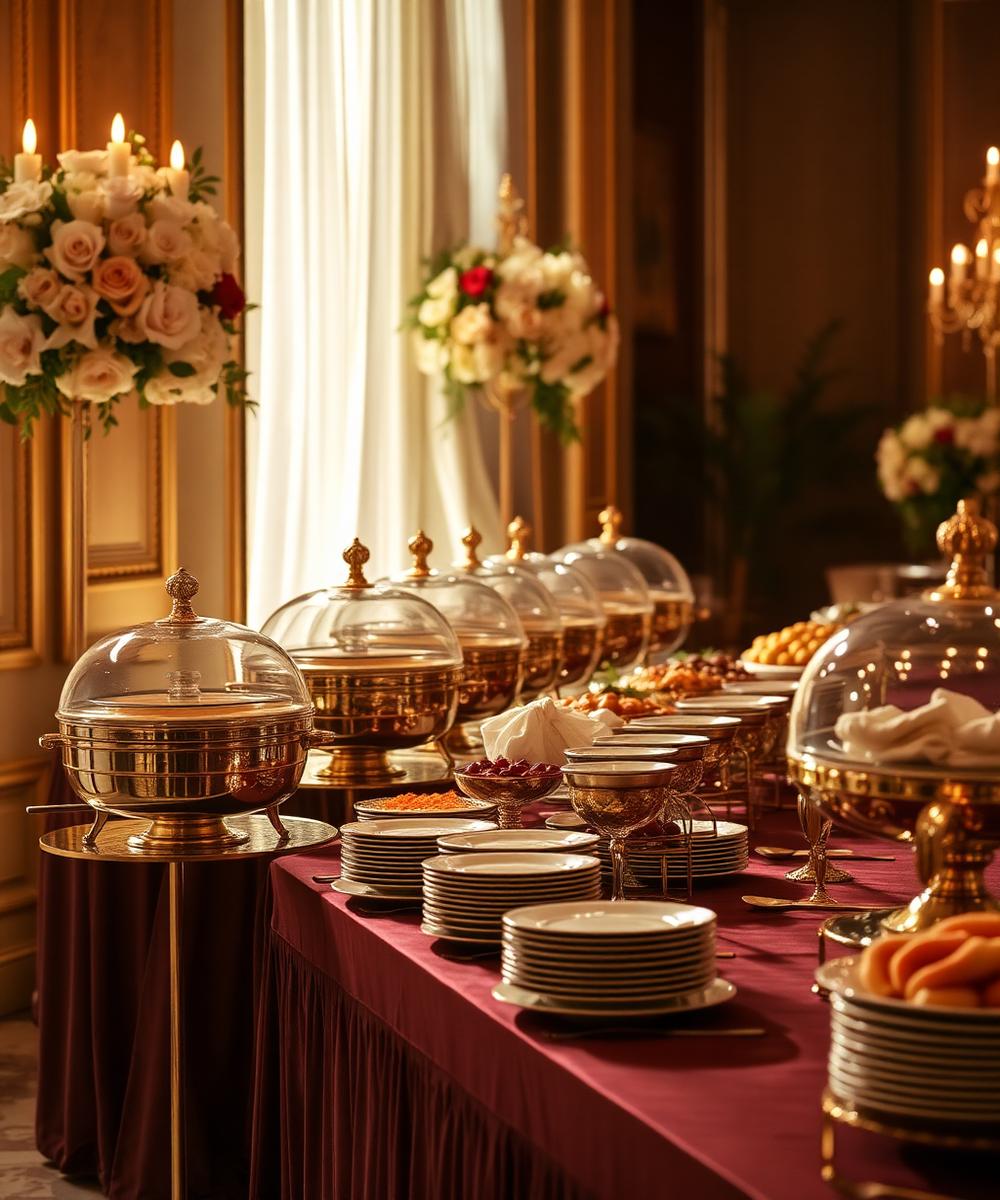 Gold buffet stations at a luxury wedding