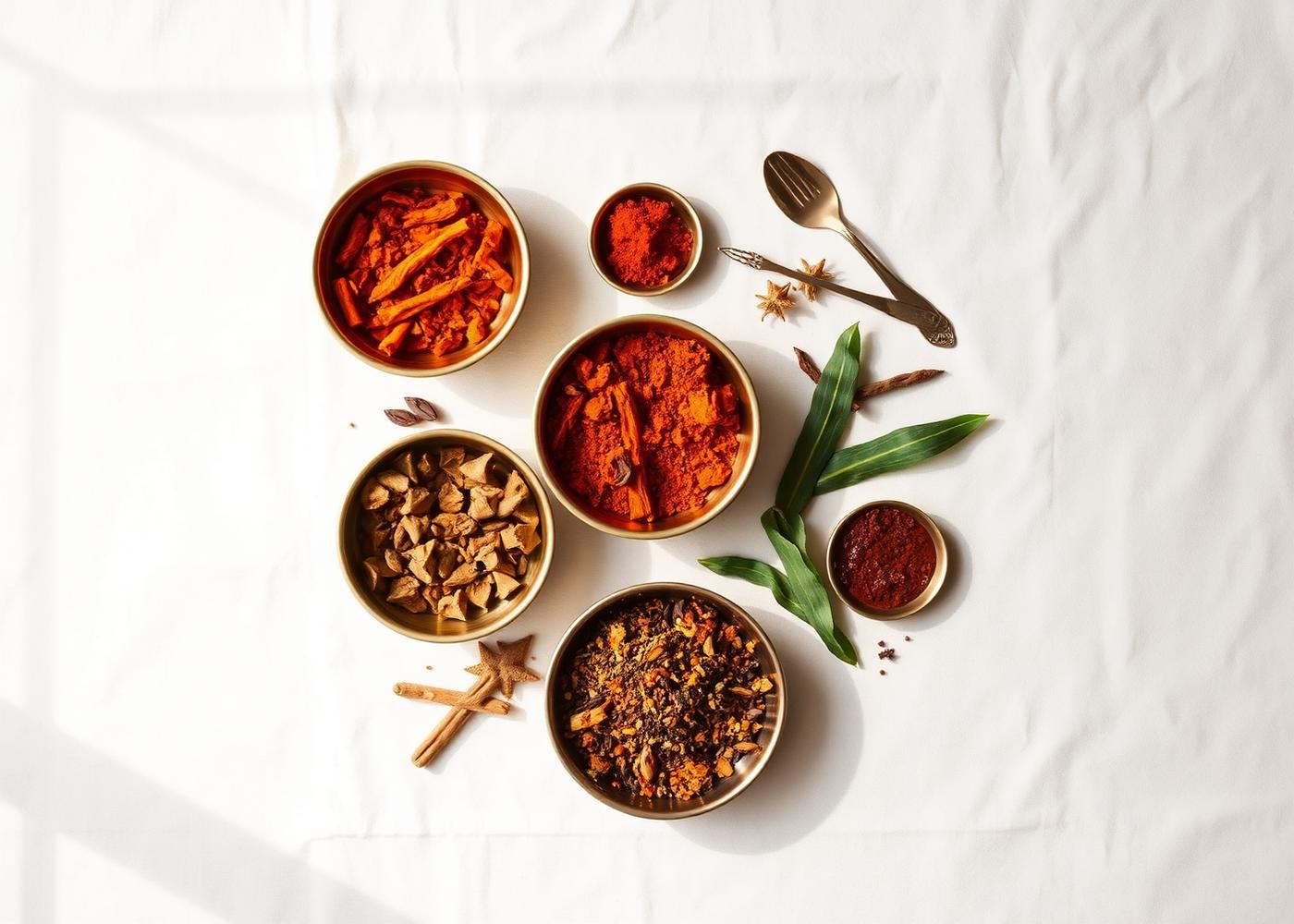 Indian spices arranged in brass bowls